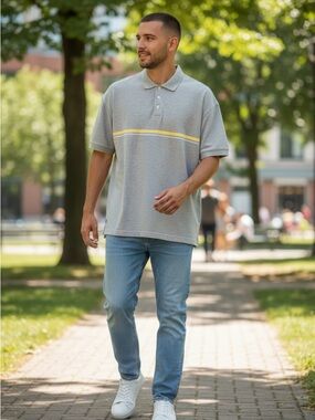 GAP Men’s XXL Gray Polo Shirt Yellow Stripe 100% Cotton Classic Casual